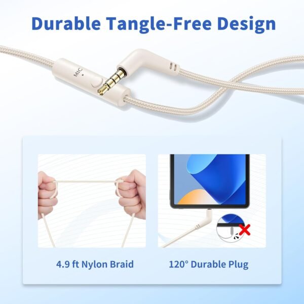 Headphones Wired with Microphone, Over Ear Foldable 3.5mm Plug in Headphones with 4.9ft Tangle-Free Nylon Cord for Tablet, Computer, MP3/4, Airplane Travel (Beige)