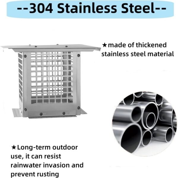 Chimney Cap - 12x12 Inch Square, Stainless Steel, Adjustable Bottom, Mesh Covers, Clay Flue Compatible