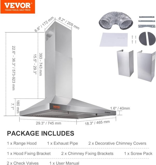 VBENLEM Wall Mount Range Hood, Ductless Chimney-Style Kitchen Stove Vent, Stainless Steel Permanent Filter with 3-Speed Exhaust Fan, 2 Baffle Filters, LED Lights, Push Button, Silver (30 inch)