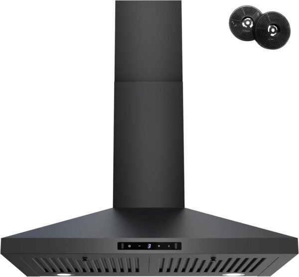 FIREGAS Black Range Hood 30 inch, 450 CFM Wall Mount Range Hood with Ducted/Ductless Convertible, Gesture Sensing Control & Touch Control Kitchen Hood Vent, Baffle Filters, Charcoal Filters