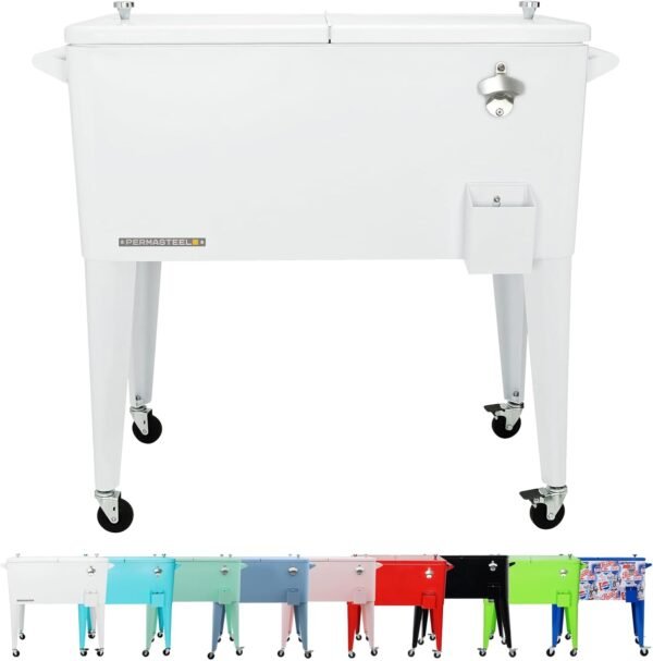 Permasteel 80-Qt Classic Outdoor Patio Cooler for Outside, Beverage Bar Cart With Wheels & Handles, Retro Design