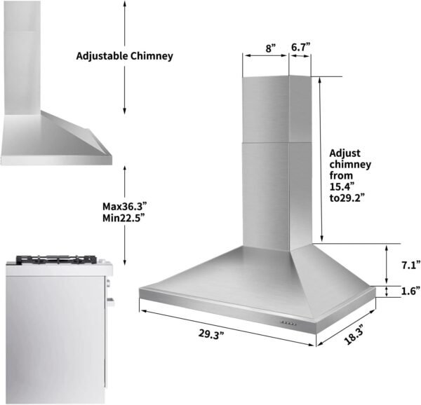 Wall Mount Range Hood 30 inch with Ducted/Ductless Convertible Duct, Stainless Steel Chimney-Style Over Stove Vent Hood with LED Light, 3 Speed Exhaust Fan, 450 CFM