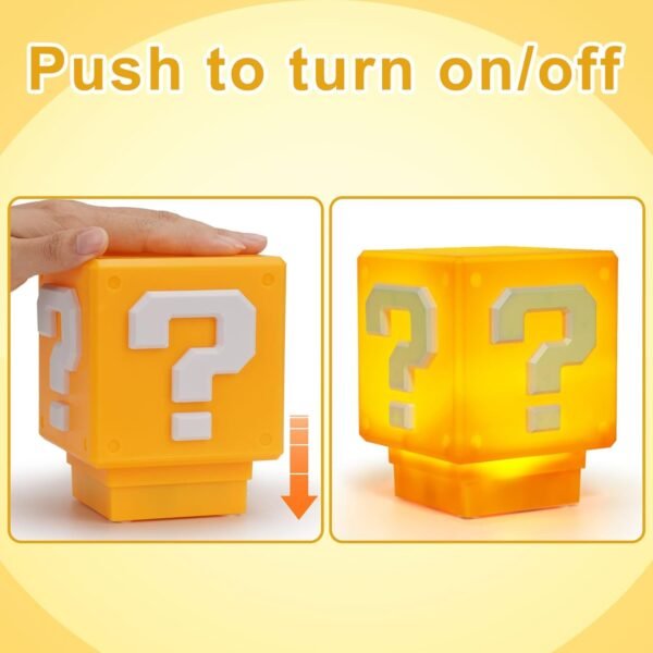 Super Bro Toys, Illusion Question Block Decorations Night Light for Kids and Fans, Yellow LED Night Lamp Box with Game's Gold Coin Sound, USB Power Cable and 100 Game Cartoon Stickers