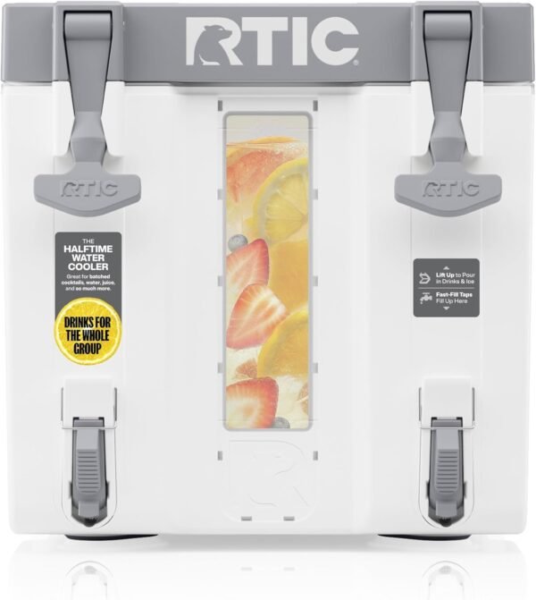 RTIC Halftime Water Cooler 3 Gallon Portable Carrier Container, Drink Beverage Dispenser, Stackable with 2 Taps, Bottleless, BPA-Free, for Sports, Camping, BBQ, Parties, Picnic, and More, White