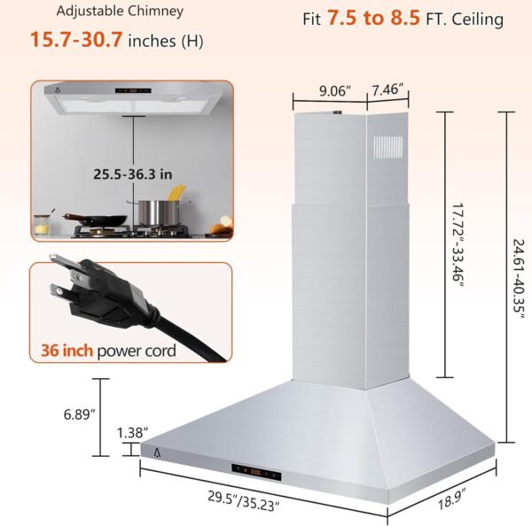Range Hood 30 inch, 265 CFM Wall Mount Vent Hood for Kitchen, Ducted/Ductless Range Hood Stainless Steel with Touch Control 3 Speed Exhaust Fan, Adjustable Chimney & LED Light, Silver