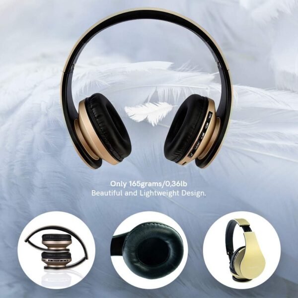 PowerLocus Wireless Bluetooth Over-Ear Stereo Foldable Headphones, Wired Headsets Rechargeable with Built-in Microphone for iPhone, Samsung, LG, iPad (Gold)