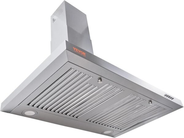 VBENLEM Wall Mount Range Hood, Ductless Chimney-Style Kitchen Stove Vent, Stainless Steel Permanent Filter with 3-Speed Exhaust Fan, 2 Baffle Filters, LED Lights, Push Button, Silver (30 inch)