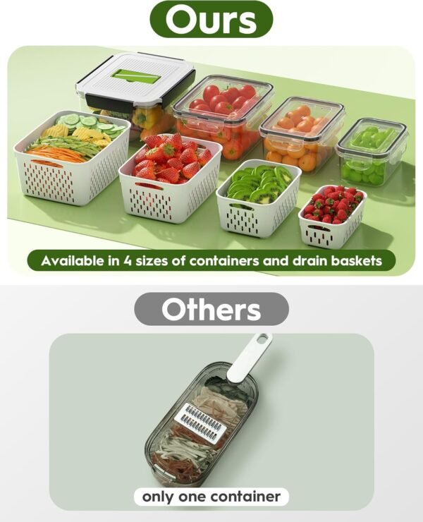 4 Pcs Fruit Storage Containers for Fridge with Vegetable Chopper Set & Removable Colander, Airtight Food Storage Containers with Mandoline Slicer, Dishwasher & Microwave Safe