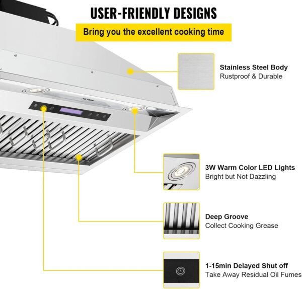 VEVOR Insert Range Hood, 900CFM 4-Speed, 30 Inch Stainless Steel Built-in Kitchen Vent with Touch & Remote Control LED Lights Baffle Filters, Ducted/Ductless Convertible, ETL Listed…