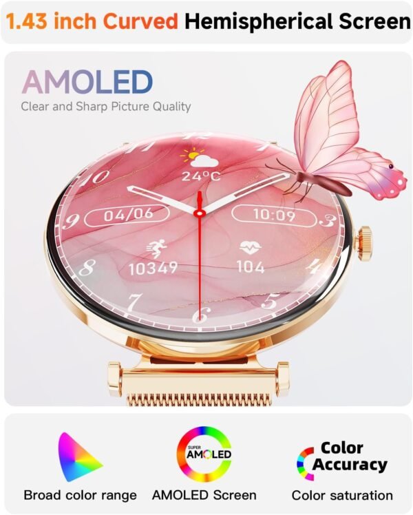 Hwagol Smart Watch[Call/2 Bands/Metal Slim]Android Samsung iPhone Compatible,1.43" Micro-Spherical AMOLED Smart Watches for Women,IP68 Waterproof Fitness Tracker Sleep/Heart Rate Monitor,Women's Gifts