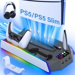 PS5 Slim / PS5 Cooling Station with Controller Charging Station for PlayStation 5 Console Disc/Digital, PS5 Cooling Stand Accessories with RGB Light/Charger/Cooler Fan/3 USB Hubs/Headset Holder/Screw
