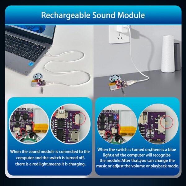 MP3 Music Sound Chips, Voice Module, Light Sensor Control Activated,16 MB Sound Module for Crafts, Christmas, New Year Greeting Cards, Box with Speaker Lithium Battery Powered USB Cable.