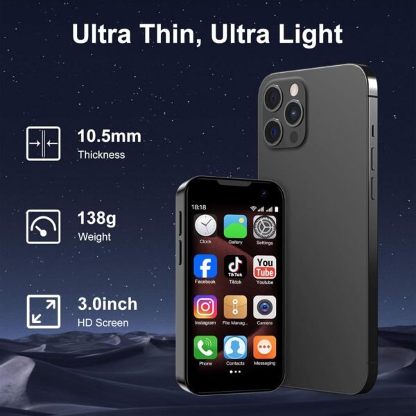 V-18pro Mini Smartphone for Kids, Unlocked, 2GB+16GB, Blue, 3.0" HD Touch Screen, Quad Core, Dual Sim, Face ID, 3MP+5MP Camera, Compact Mobile Phone