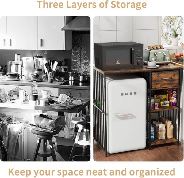 VOWNER Mini Fridge Cabinet with Power Outlet, 3-Tier Industrial Style Kitchen Microwave Stand Baker Rack with Drawer, Utility Storage Shelf for Home Kitchen Dorm Office, Vintage Wood, 35" Lx22 Wx37 H