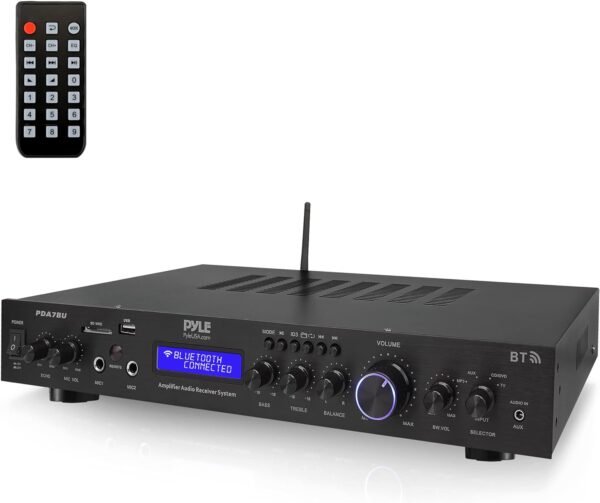 Pyle 5 Channel Rack Mount Bluetooth Receiver, Home Theater Amp, Speaker Amplifier, Bluetooth Wireless Streaming, MP3/USB/SD/AUX/FM Radio, 200 Watt, with Digital ID3 LCD Display, Black - PDA7BU