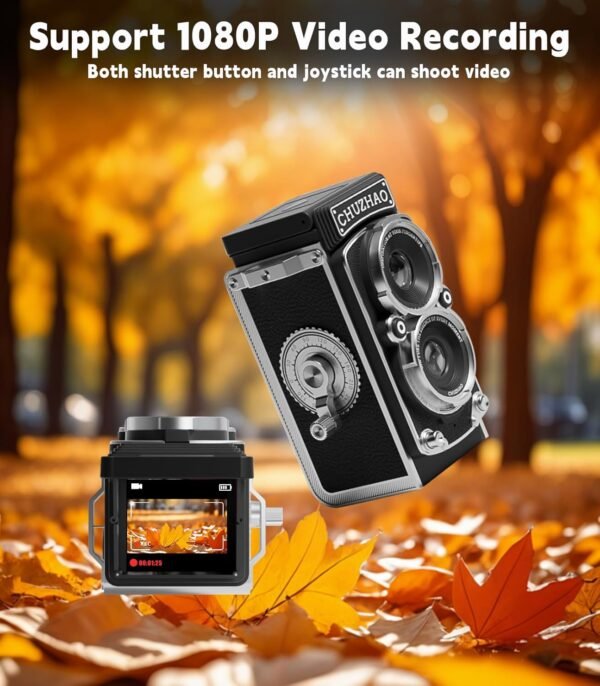 CHUZHAO Vintage Mini Digital Camera, Portable TLR Style Retro Point and Shoot Compact Small Pocket 1080P FHD Video 12MP Autofocus Vlogging Camera with 16 GB Card for Beginners Teens Adults Kids Black