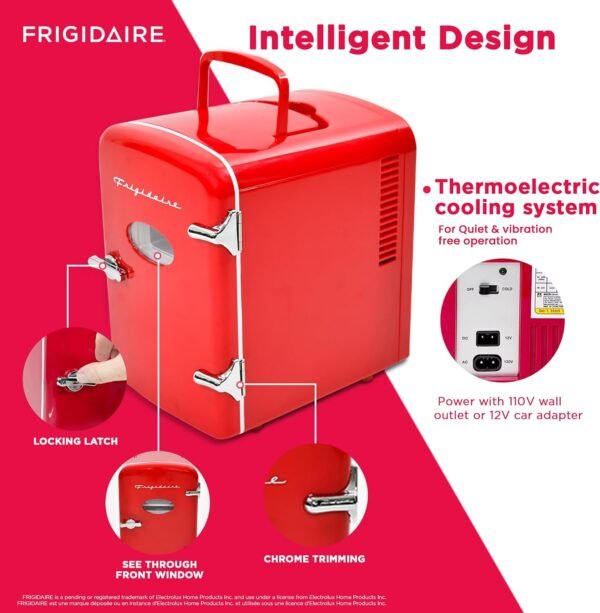 Frigidaire Red Mini Personal Fridge Cooler, 1 Gal Capacity fits Six Cans, Includes Plugs for Home Outlet & DC Charger - 9.84" D x 7.09" W x 10.35" H