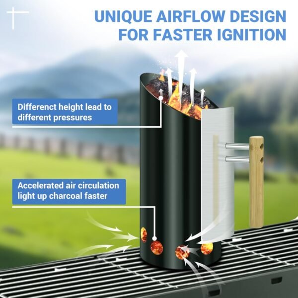 Charcoal Chimney Starter Double Enameled Large Capacity Chimney Starter, Chimney Starter for Charcoal Grill with Heat Shield & Rubber Wood Handle Great Heat Insulation and Easy Grip