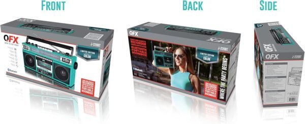 QFX J-220BTTQ Aqua Turquoise Boombox MP3 Conversion from Radio to Cassette with 4-Band (AM, FM, SW1, SW2) Radio with Bluetooth, Dual 3” Speakers, Built-in Microphone, Recorder, and a 3-Band Equalizer