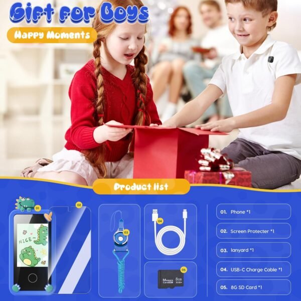 Kids Smart Phone Toys for Boys,Dinosaurs Gift Toys for Boys Ages 3-9 Christmas Birthday Gifts Mini Smart Phone Toys With 2.8" Touchscreen 16 Learning Games Dual Camera Music Player, 8G SD Card