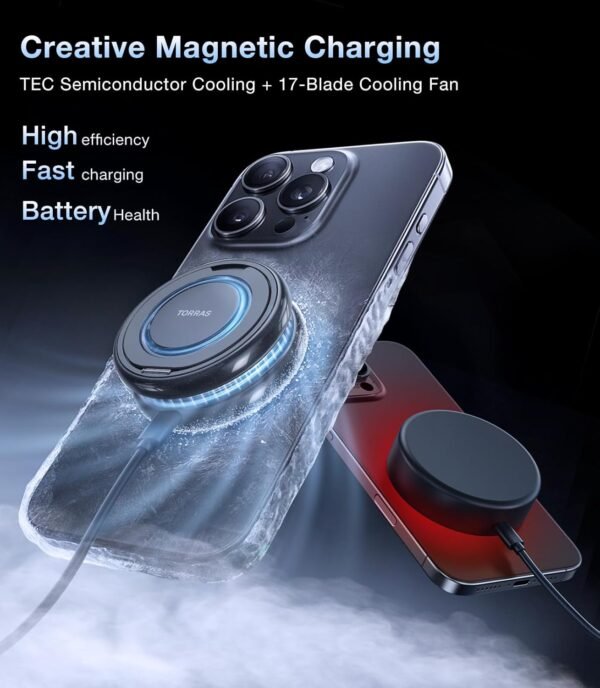 TORRAS PolarCircle Qi2 Mag-Safe Charger, 15W Cooling Magnetic Pad for iPhone 16/15/14/13, Wireless Charger for Samsung Galaxy S25 with 360°Spin Stand, Semiconductor Game Cooler, with 5ft Type-C Cable