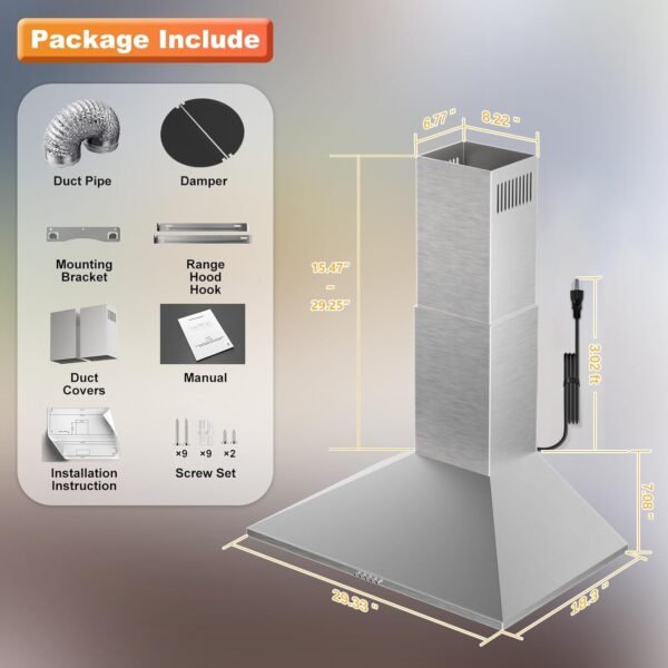 Hood Vents for Kitchen 30inch, Wall Mount Chimney Style Range Hood with Ducted Ductless Convertible, Stainless Steel Stove Vent Hood with LED Light, 3 Speed Exhaust Fan