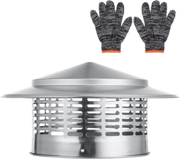 Lnrueg 6.3" Cone Top Chimney Cap, Round Roof Rain Chimney Cover with Screen, 304 Stainless Steel Fireplace Exhaust Cap with Gloves, Weather-Proof Roof Cap for Vent, Exterior Stove Pipe Topper