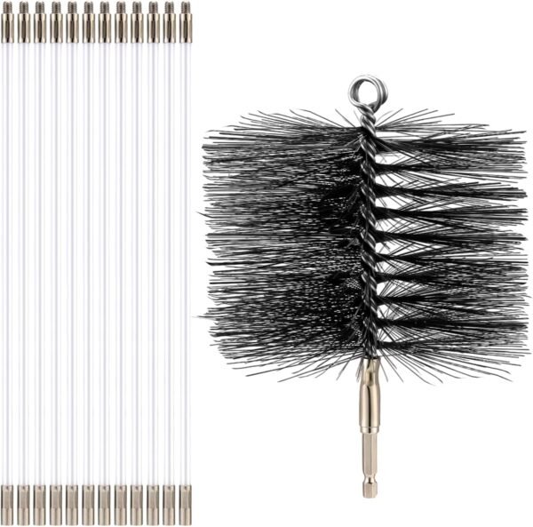 Wire Chimney Cleaning Brush with 1/4" NPT Fitting and 12 Rods, 6 Inch Round Steel Chimney Cleaning Brush and 16 Inch Fiberglass Chimney Rods for Cleaning Chimney Hearth Fireplace