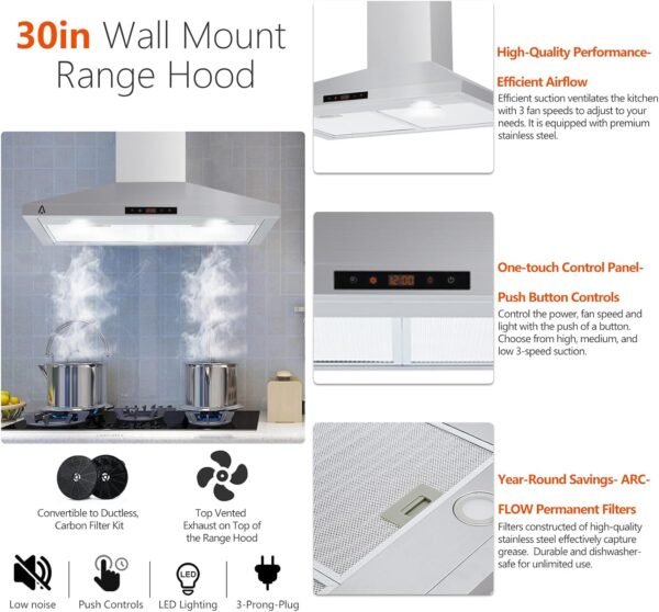 Range Hood 30 inch, 265 CFM Wall Mount Vent Hood for Kitchen, Ducted/Ductless Range Hood Stainless Steel with Touch Control 3 Speed Exhaust Fan, Adjustable Chimney & LED Light, Silver