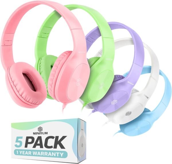 Kids Headphones for School - 5-Pack On-Ear, Wired, Adjustable & Cushioned - Mixed Colors