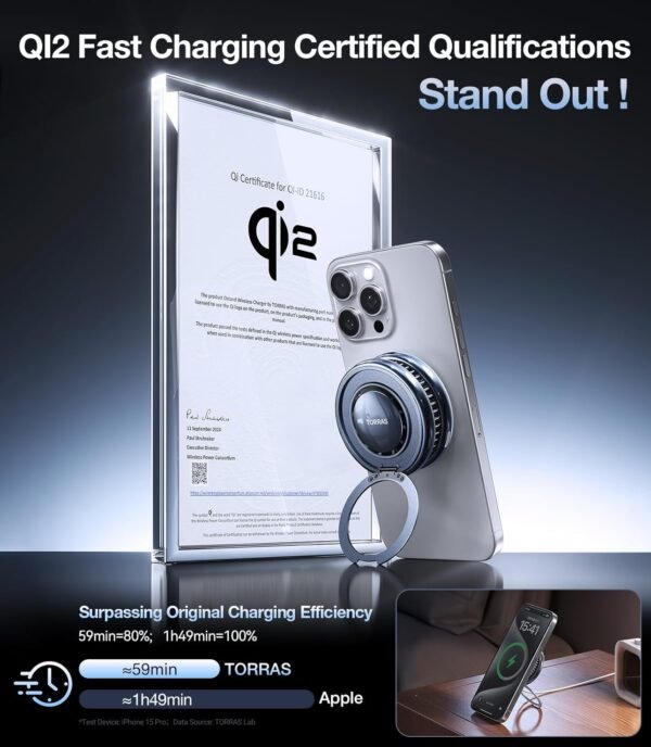 TORRAS PolarCircle Qi2 Mag-Safe Charger, 15W Cooling Magnetic Pad for iPhone 16/15/14/13, Wireless Charger for Samsung Galaxy S25 with 360°Spin Stand, Semiconductor Game Cooler, with 5ft Type-C Cable