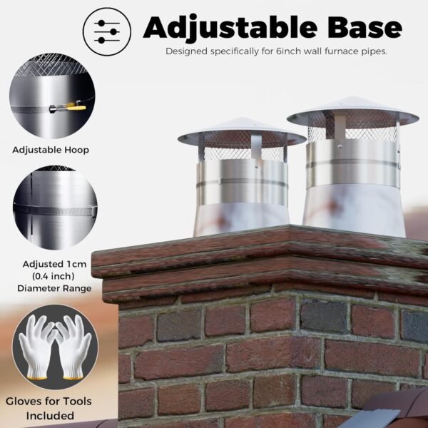 6 Inch Chimney Cap, (6/7/8/9/10/12) inch Stainless Steel Cone Top Chimney Cap with Screen, Adjustable and Reinforced Chimney Cap, Chimney Cover for Vents,Round Rain Cap for All-Round Chimney