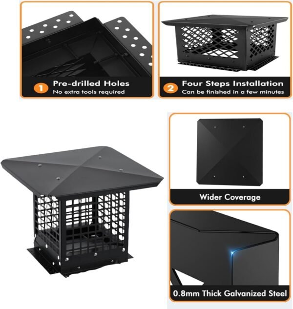 Chimney Cap - 13x18 Inch Square, Galvanized Steel, Adjustable Bottom, Mesh Covers, Clay Flue Compatible