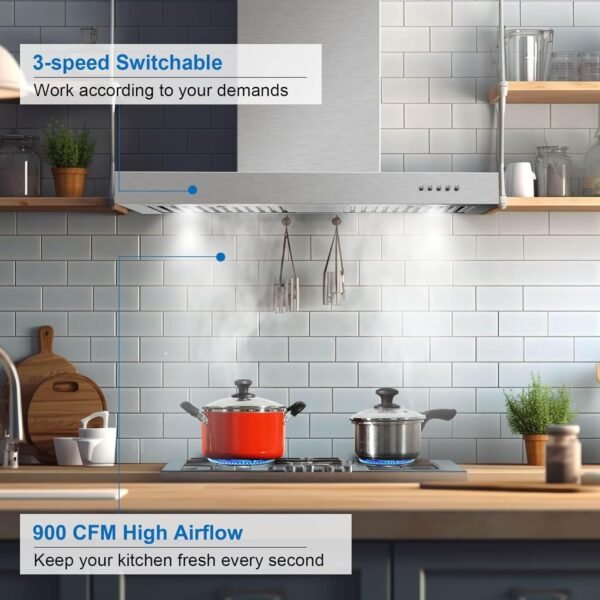 Wall Mount Range Hood 30 Inch T Shape 900CFM Stainless Steel Vent Hood with Split Type Permanent Grease Baffle Filter, Stove Hood Chimney Style Kitchen Exhaust Fan, Ductless Convertible