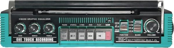QFX J-220BTTQ Aqua Turquoise Boombox MP3 Conversion from Radio to Cassette with 4-Band (AM, FM, SW1, SW2) Radio with Bluetooth, Dual 3” Speakers, Built-in Microphone, Recorder, and a 3-Band Equalizer