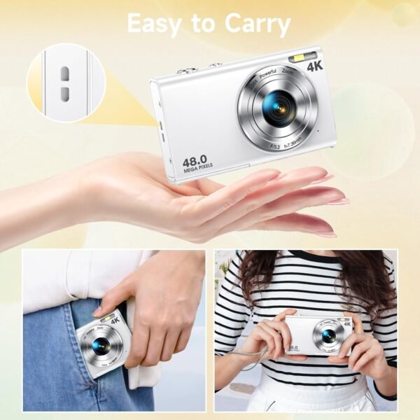 Digital Camera, Autofocus 48MP UHD 4K Vlogging Camera 16X Digital Zoom, Portable Compact Point and Shoot Digital Camera for Teens Adult Beginner with 32GB Card, 2 Batteries, Lanyard(White)