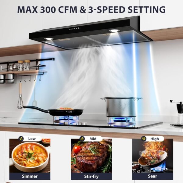 Range Hood 30 inch Under Cabinet, Ductless Slim Kitchen Range Hood Vent with Filter, LED Lights, 3 Speed Exhaust Fan, Campanas para Cocina (JX3830-Black with Charcoal Filter)