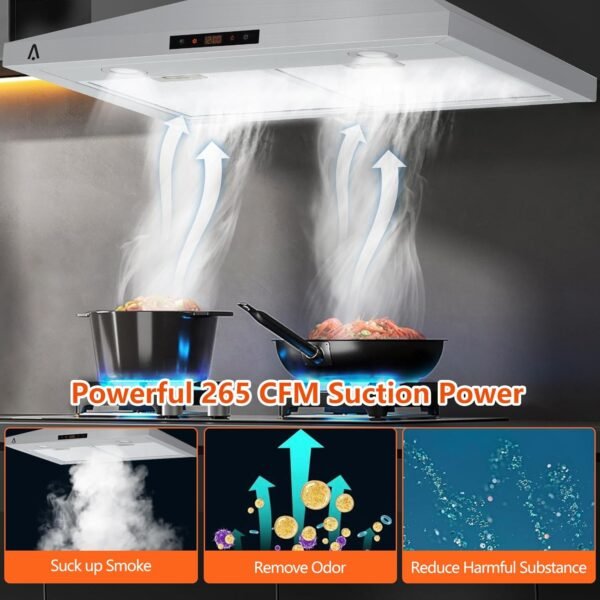 Range Hood 30 inch, 265 CFM Wall Mount Vent Hood for Kitchen, Ducted/Ductless Range Hood Stainless Steel with Touch Control 3 Speed Exhaust Fan, Adjustable Chimney & LED Light, Silver