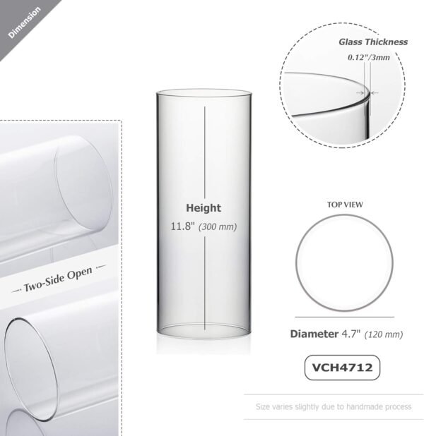 WGVI Hurricane Candle Holder Sleeve, Wide 4.7", Height 12", Clear Glass Cylinder Candleholder, Chimney Tube, Open Ended Candle Shade, 1 Piece