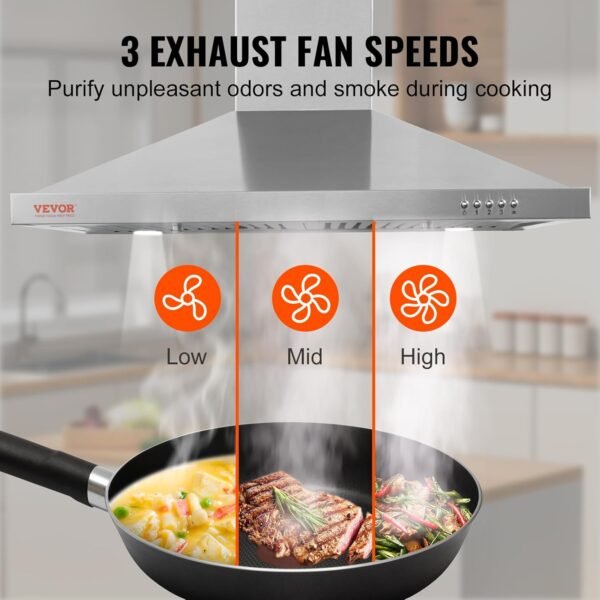 VBENLEM Wall Mount Range Hood, Ductless Chimney-Style Kitchen Stove Vent, Stainless Steel Permanent Filter with 3-Speed Exhaust Fan, 2 Baffle Filters, LED Lights, Push Button, Silver (30 inch)