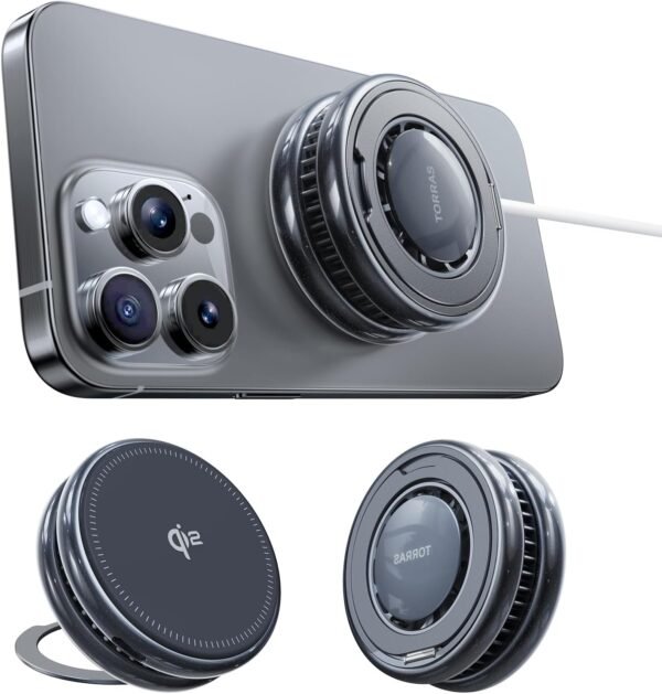 TORRAS PolarCircle Qi2 Mag-Safe Charger, 15W Cooling Magnetic Pad for iPhone 16/15/14/13, Wireless Charger for Samsung Galaxy S25 with 360°Spin Stand, Semiconductor Game Cooler, with 5ft Type-C Cable
