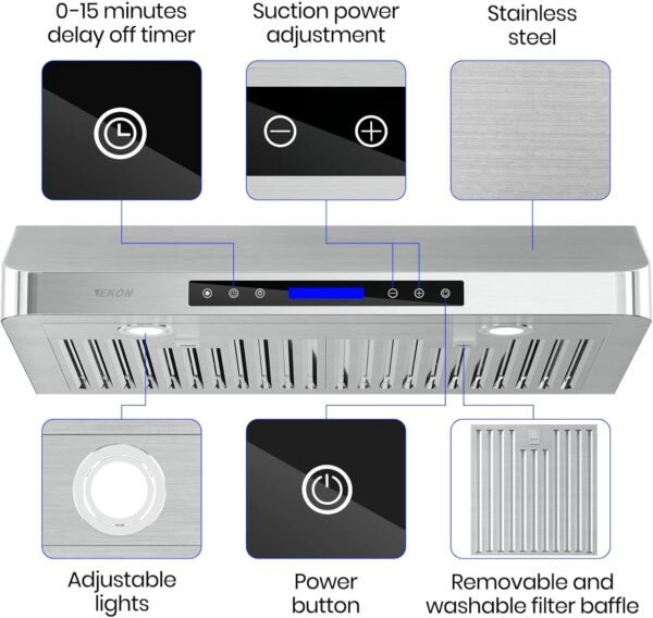 EKON 30 inches Under Cabinet Range Hood, 900 CFM Stainless Steel Kitchen Chimney Vent, 4 Speed Touch Screen Control With Remote 2Pcs 3W LED lights Dishwasher-safe Filters Fan Timer