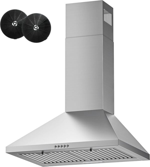 FIREGAS Range Hood 24 inch, 600 CFM Kitchen Hood with Ducted/Ductless Convertible Duct, Stainless Steel Chimney-Style Over Stove Vent Hood with LED Light, 3 Speed Exhaust Fan, 2 Charcoal Filters