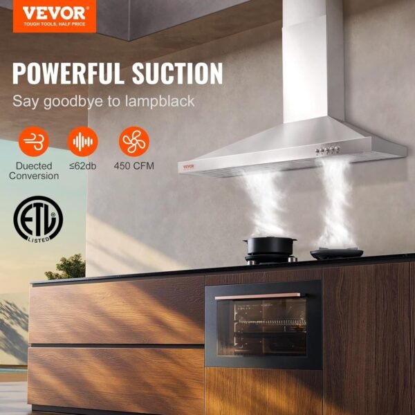 VBENLEM Wall Mount Range Hood, Ductless Chimney-Style Kitchen Stove Vent, Stainless Steel Permanent Filter with 3-Speed Exhaust Fan, 2 Baffle Filters, LED Lights, Push Button, Silver (30 inch)