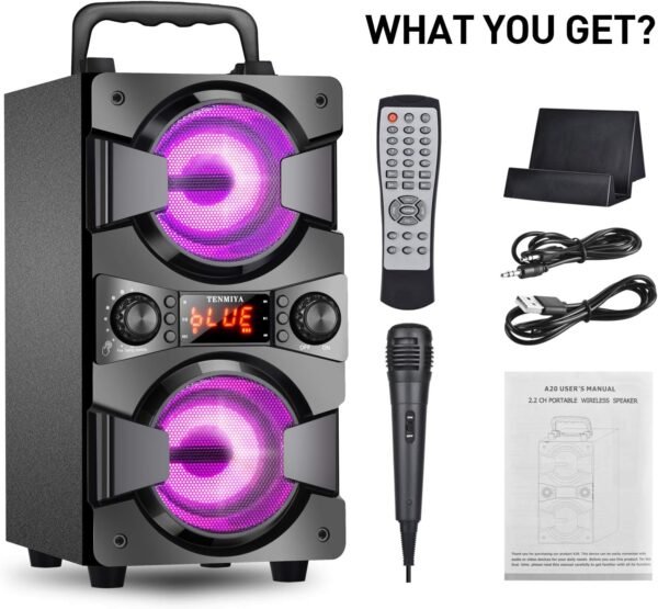 60W Bluetooth Speakers Portable Wireless Speaker with Double Subwoofer Heavy Bass, FM Radio, Microphone, Lights, Remote EQ, Loud Boom Box Stereo Sound System Speaker for Home Outdoor Party Gifts(1MIC)