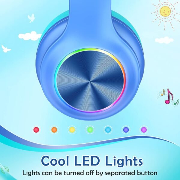 Bluetooth Kids Headphones Fit for Aged 3-21, Colorful LED Lights Comfort Wireless Headphones with Microphone 94dB Volume Limited for School/iPad/PC/TV/Cellphones, Wired & TF Card Mode,Blue