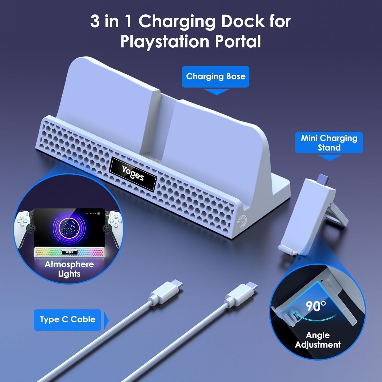 YOGES Charging Dock for PlayStation Portal, 3 in 1 Stand With 14 RGB Light and 4.9ft USB C Cable, Portable Charger Accessories for PS5 Portal Remote Player