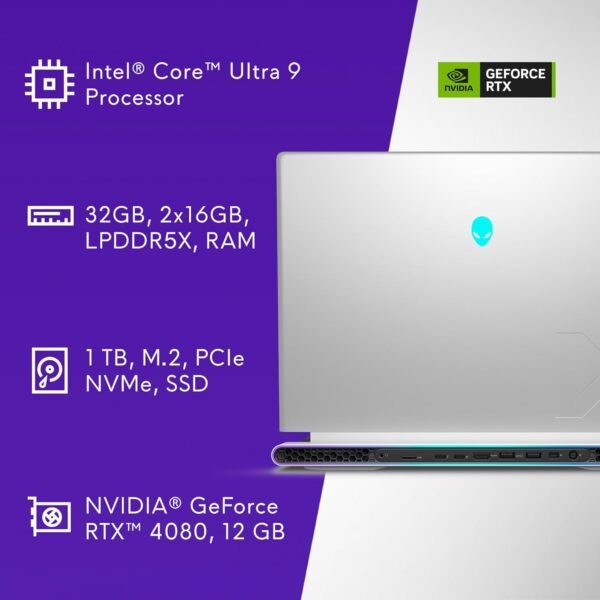 Alienware X16 R2 Gaming Laptop - 16-inch QHD+ 240Hz 3ms Display, Intel Core Ultra 9-185H, 32GB LPDDR5X RAM, 1TB SSD, NVIDIA GeForce RTX 4080 12GB GDDR6, Windows 11 Home, Onsite Service - Lunar Silver
