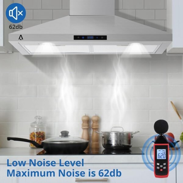 Range Hood 30 inch, Kitchen Hood 265 CFM, Stainless Steel Vent Hood with Touch Control, Stove Hood with 3-Speed Exhaust Fan, Adjustable Chimney & LED Light, Silver