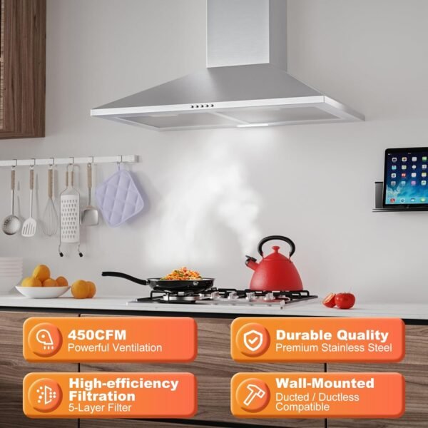 Hood Vents for Kitchen 30inch, Wall Mount Chimney Style Range Hood with Ducted Ductless Convertible, Stainless Steel Stove Vent Hood with LED Light, 3 Speed Exhaust Fan